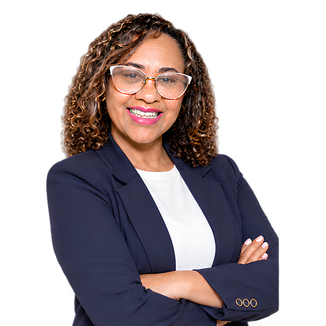 Retrato de Missionária Luiza Cruz, candidata a Deputada Federal, sorrindo, de braços cruzados